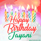 Bright birthday candles with rainbow flames on a cake, alongside the text 'Happy Birthday Jayani' in vibrant script in this celebratory animated GIF.