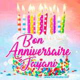 A white birthday cake covered in colorful sprinkles, topped with bright candles, and French text 'Bon Anniversaire Jayani' on a pastel gradient background in an animated GIF.