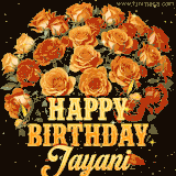 Animated bouquet of orange roses with moving butterfles and golden 'Happy Birthday Jayani' text, surrounded by sparkling accents and a dark backdrop for a luxurious feel.
