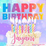 A vibrant animated name GIF with the words 'Happy Birthday Jayani' with colorful candles on a creamy cake. The background sparkles with pastel shades, adding a festive touch.