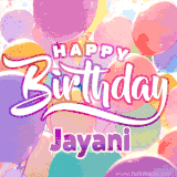 A vibrant name GIF featuring colorful balloons in shades of pink, orange, and yellow with the bold text 'Happy Birthday Jayani' in festive fonts, creating a lively birthday vibe.