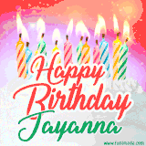 Bright birthday candles with rainbow flames on a cake, alongside the text 'Happy Birthday Jayanna' in vibrant script in this celebratory animated GIF.