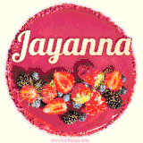 Beautifully decorated red velvet berry birthday cake with vibrant fruits and a glowing 'Jayanna' name, adding a touch of sweetness and sparkle.