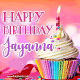 A vibrant birthday GIF featuring a rainbow-colored cupcake topped with white frosting, sprinkles, and a lit candle. The text reads 'Happy Birthday Jayanna' in bold pink and violet letters with white outline.