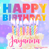 A vibrant animated name GIF with the words 'Happy Birthday Jayanna' with colorful candles on a creamy cake. The background sparkles with pastel shades, adding a festive touch.