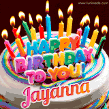 A colorful birthday cake topped with lit candles, with the words 'Happy Birthday Jayanna' in bold glowing letters on a burgundy background. Animated flames add a festive touch.