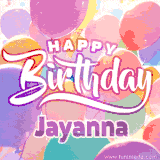 A vibrant name GIF featuring colorful balloons in shades of pink, orange, and yellow with the bold text 'Happy Birthday Jayanna' in festive fonts, creating a lively birthday vibe.