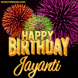 A golden 'Happy Birthday Jayanti' message with vibrant fireworks in the background, creating a festive and celebratory vibe in this animated name GIF.