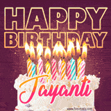 A colorful birthday cake topped with lit candles, with the words 'Happy Birthday Jayanti' in bold glowing letters on a burgundy background. Animated flames add a festive touch.
