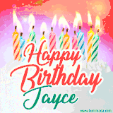 Bright birthday candles with rainbow flames on a cake, alongside the text 'Happy Birthday Jayce' in vibrant script in this celebratory animated GIF.