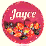 Beautifully decorated red velvet berry birthday cake with vibrant fruits and a glowing 'Jayce' name, adding a touch of sweetness and sparkle.