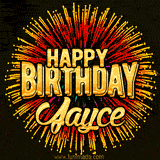 Golden 'Happy Birthday Jayce' text accompanied by animated rainbow fireworks for a festive animated greeting.