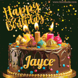 A delightful chocolate birthday cake with bright candles and 'Happy Birthday Jayce' written in gold amidst a shower of animated stars.