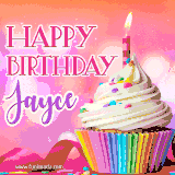 A vibrant birthday GIF featuring a rainbow-colored cupcake topped with white frosting, sprinkles, and a lit candle. The text reads 'Happy Birthday Jayce' in bold pink and violet letters with white outline.