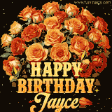 Animated bouquet of orange roses with moving butterfles and golden 'Happy Birthday Jayce' text, surrounded by sparkling accents and a dark backdrop for a luxurious feel.