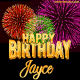 A golden 'Happy Birthday Jayce' message with vibrant fireworks in the background, creating a festive and celebratory vibe in this animated name GIF.