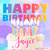 A vibrant animated name GIF with the words 'Happy Birthday Jayce' with colorful candles on a creamy cake. The background sparkles with pastel shades, adding a festive touch.