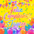 A bright and festive GIF with the text 'Feliz Cumpleaños Jaycee' in Spanish in colorful fonts, surrounded by confetti, balloons, and festive banners on a vibrant yellow background.