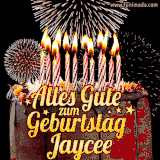 A chocolate birthday cake with glowing candles, the German text 'Alles Gute zum Geburtstag Jaycee,' and vibrant fireworks lighting up the background in an animated GIF.