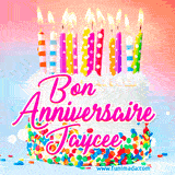A white birthday cake covered in colorful sprinkles, topped with bright candles, and French text 'Bon Anniversaire Jaycee' on a pastel gradient background in an animated GIF.