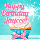 A festive cupcake with pink icing, a gingham bow, and a lit animated sparkler, paired with 'Happy Birthday Jaycee!' in bright pink text.