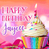 A vibrant birthday GIF featuring a rainbow-colored cupcake topped with white frosting, sprinkles, and a lit candle. The text reads 'Happy Birthday Jaycee' in bold pink and violet letters with white outline.