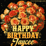 Animated bouquet of orange roses with moving butterfles and golden 'Happy Birthday Jaycee' text, surrounded by sparkling accents and a dark backdrop for a luxurious feel.