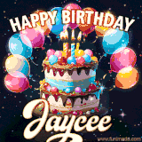 Bright birthday animation for Jaycee with a chocolate cake, candles, balloons, and glowing celebratory lights.