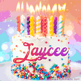 A cheerful white birthday cake with multicolor sprinkles, lit candles, and 'Jaycee' written in vibrant letters, in an animated GIF.