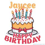 Cartoon birthday cake with a red bow, glowing candles, and 'Jaycee Happy Birthday' text in bold animated style.