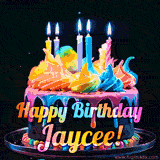 A mesmerizing animated cake with multicolor frosting and candles, and the words 'Happy Birthday Jaycee' on the black background.