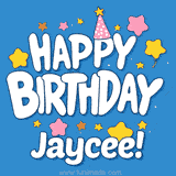 Colorful animated birthday card with the text 'HAPPY BIRTHDAY Jaycee!' in a white playful font surrounded by stars, hearts, and a party hat on a blue background.