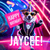 Animated GIF of a cool dog wearing a suit and sunglasses, holding a 'Happy Birthday' sign for Jaycee, set against a bright and colorful neon party background.