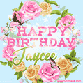 A charming animated GIF featuring 'Happy Birthday Jaycee' in pink and green text, surrounded by delicate roses, leaves, and fluttering butterflies on a soft light blue pastel background.
