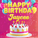 Pink-themed animated greeting with balloons, confetti, and a frosted cake under the message 'Happy Birthday Jaycee' in bold rounded yellow font.