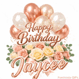 Elegant 3D rose gold text saying Happy Birthday Jaycee surrounded by balloons
