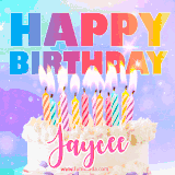 A vibrant animated name GIF with the words 'Happy Birthday Jaycee' with colorful candles on a creamy cake. The background sparkles with pastel shades, adding a festive touch.