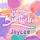A vibrant name GIF featuring colorful balloons in shades of pink, orange, and yellow with the bold text 'Happy Birthday Jaycee' in festive fonts, creating a lively birthday vibe.