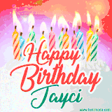 Bright birthday candles with rainbow flames on a cake, alongside the text 'Happy Birthday Jayci' in vibrant script in this celebratory animated GIF.