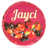 Beautifully decorated red velvet berry birthday cake with vibrant fruits and a glowing 'Jayci' name, adding a touch of sweetness and sparkle.