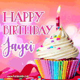 A vibrant birthday GIF featuring a rainbow-colored cupcake topped with white frosting, sprinkles, and a lit candle. The text reads 'Happy Birthday Jayci' in bold pink and violet letters with white outline.
