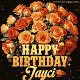 Animated bouquet of orange roses with moving butterfles and golden 'Happy Birthday Jayci' text, surrounded by sparkling accents and a dark backdrop for a luxurious feel.