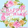A charming animated GIF featuring 'Happy Birthday Jayci' in pink and green text, surrounded by delicate roses, leaves, and fluttering butterflies on a soft light blue pastel background.