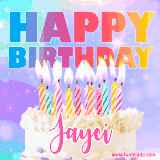A vibrant animated name GIF with the words 'Happy Birthday Jayci' with colorful candles on a creamy cake. The background sparkles with pastel shades, adding a festive touch.