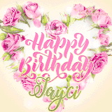 A stunning heart made of pink roses surrounds the elegant script text 'Happy Birthday Jayci' on a soft beige background. Animated sparkles add a magical and festive feel.