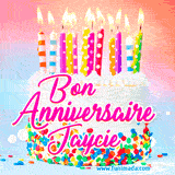 A white birthday cake covered in colorful sprinkles, topped with bright candles, and French text 'Bon Anniversaire Jaycie' on a pastel gradient background in an animated GIF.