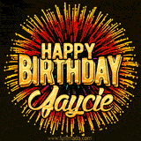 Golden 'Happy Birthday Jaycie' text accompanied by animated rainbow fireworks for a festive animated greeting.