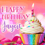 A vibrant birthday GIF featuring a rainbow-colored cupcake topped with white frosting, sprinkles, and a lit candle. The text reads 'Happy Birthday Jaycie' in bold pink and violet letters with white outline.