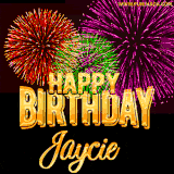A golden 'Happy Birthday Jaycie' message with vibrant fireworks in the background, creating a festive and celebratory vibe in this animated name GIF.