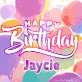 A vibrant name GIF featuring colorful balloons in shades of pink, orange, and yellow with the bold text 'Happy Birthday Jaycie' in festive fonts, creating a lively birthday vibe.